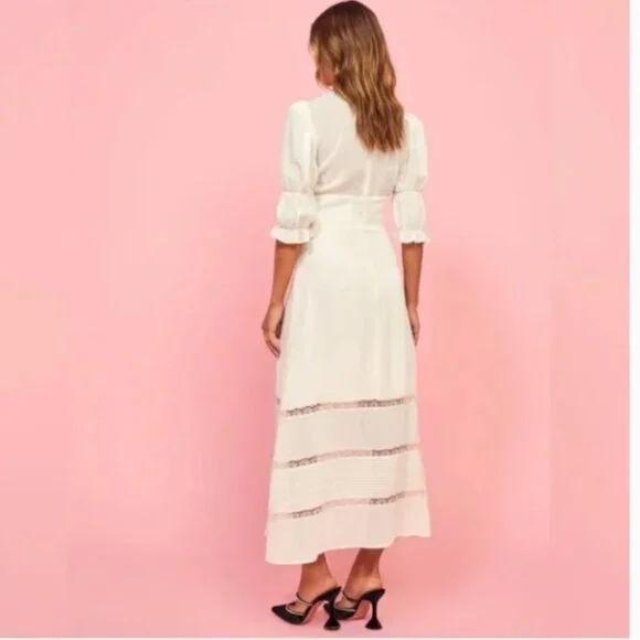 Reformation Ginny Lace-Trimmed Pintucked Georgette Midi Dress Size 6 Ivory White - Picture 6 of 15